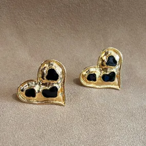 Vintage Black Enamel Gold Plated  Heart Clip on Earrings