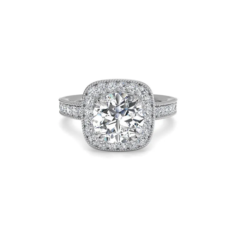 Vintage Cushion Halo Round Brilliant Diamond Engagement Ring