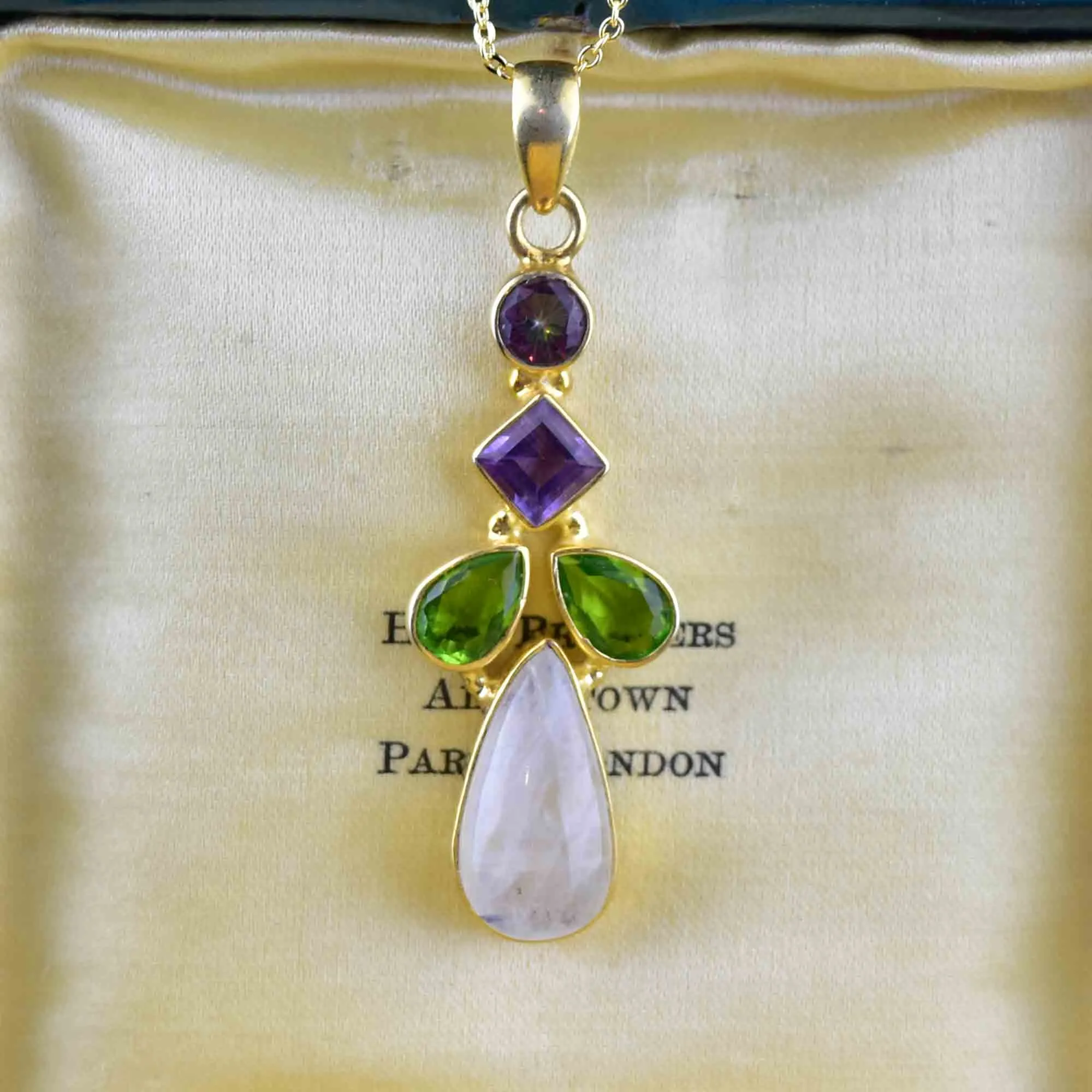 Vintage Moonstone Amethyst Peridot Suffragette Necklace