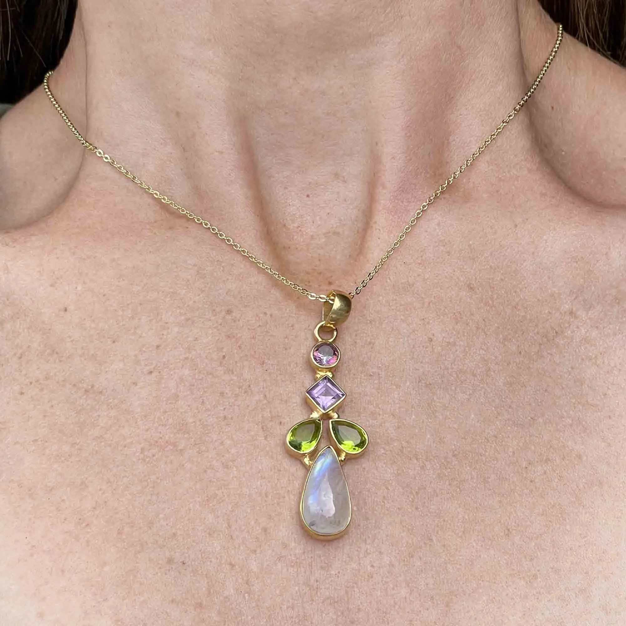 Vintage Moonstone Amethyst Peridot Suffragette Necklace