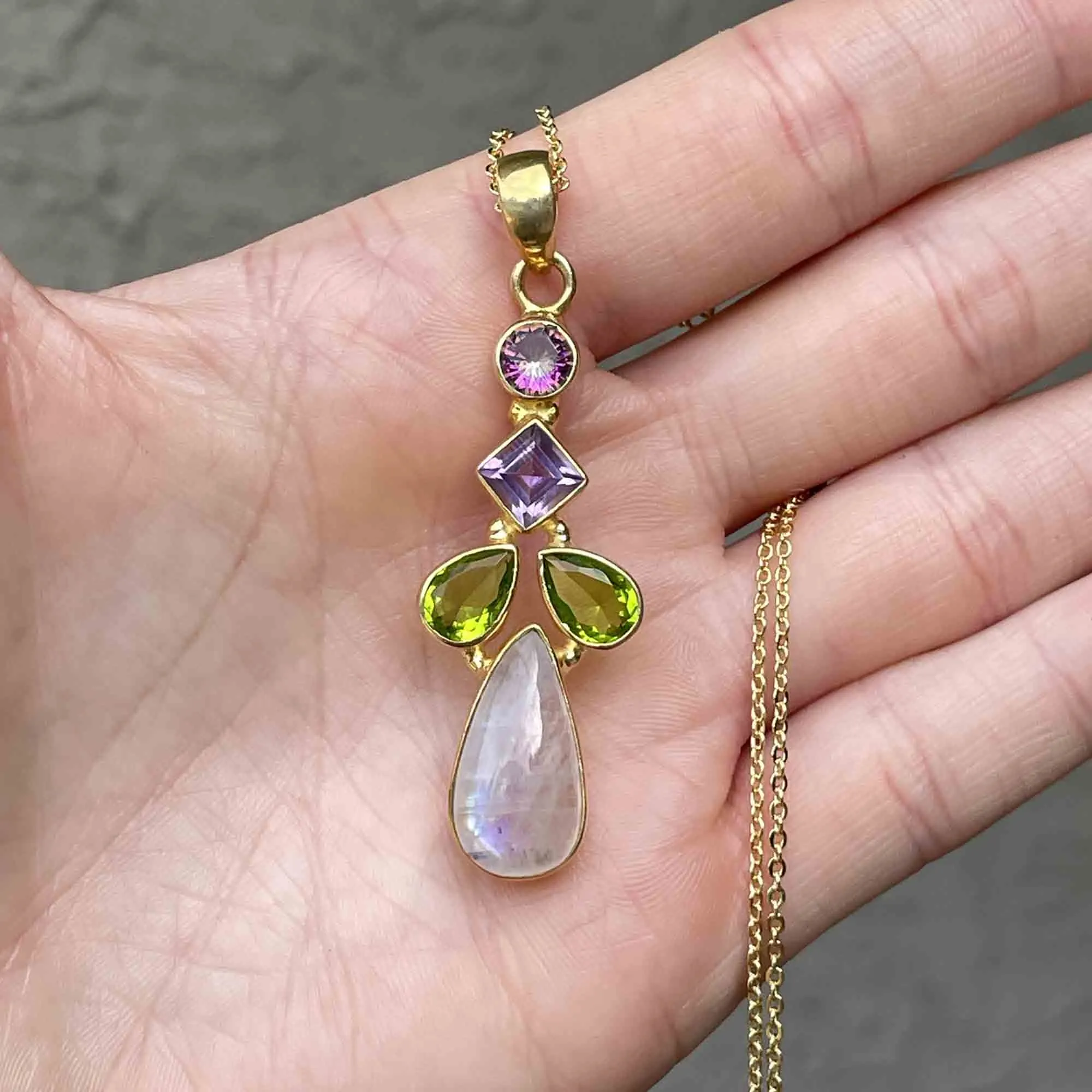 Vintage Moonstone Amethyst Peridot Suffragette Necklace