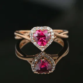 Vintage Rose Gold Diamond Halo Heart Ruby Ring