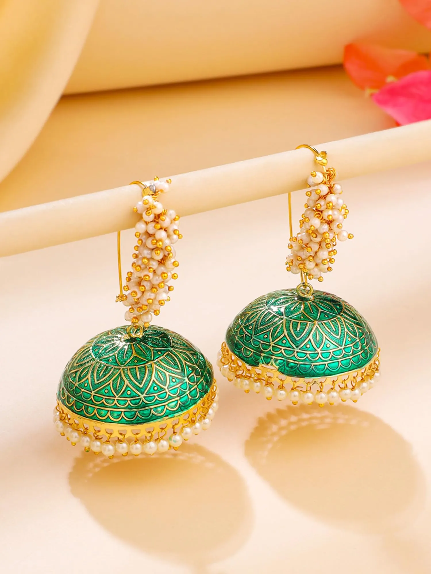 Yellow Chimes Meenakari Jhumka Earrings Handcrafted Gold toned Traditional Multicolor Jhumka/Jhumki Earrings for Women and Girls (Green Big Jhumka)